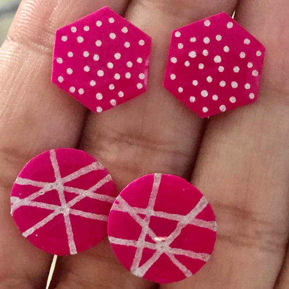 Hexagon earrings handmade with matching round-shaped earring set available now - Picture 1 of 6